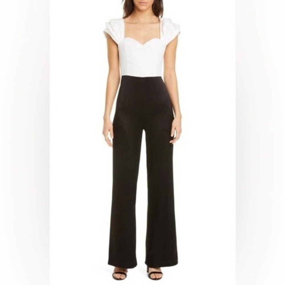 Alice + Olivia Mateo Wide Leg Ruffle Sleeve Black White Jumpsuit Size 6 NWT
